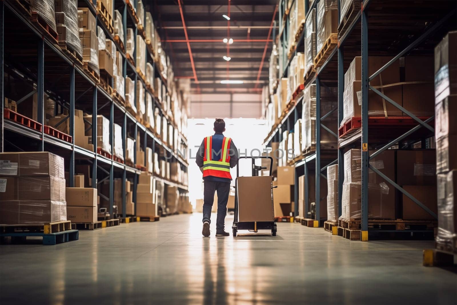 Warehouse Worker Operating Forklift Amidst Aisles with Packaged Goods by dimol