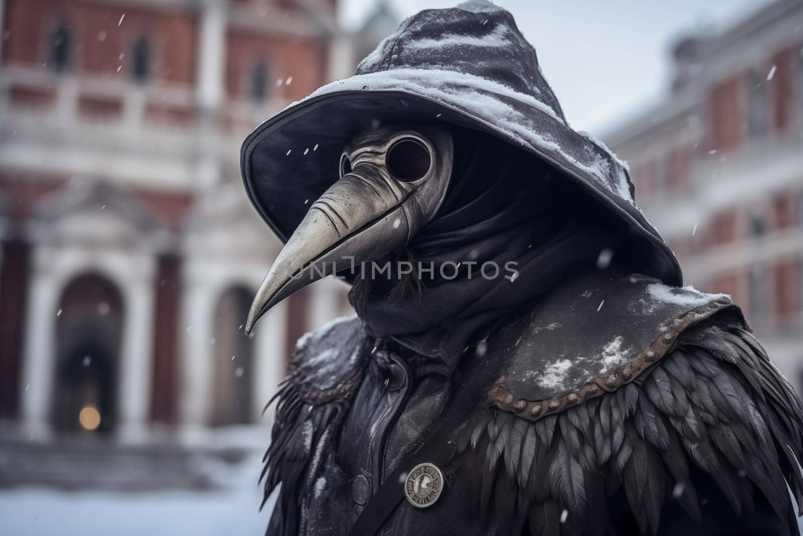 Person dressed as a plague doctor, adorned with the iconic crow mask, amidst the snowfall at the Venice Carnival