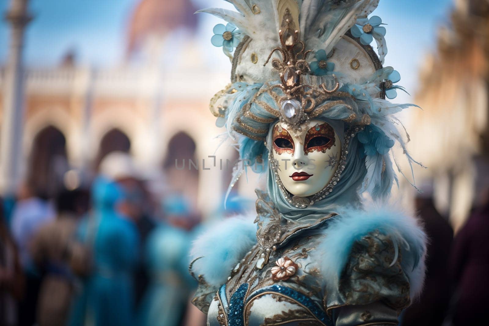 A person adorned in an elaborate and elegant costume, capturing the essence of the Venice Carnival amidst a scenic backdrop