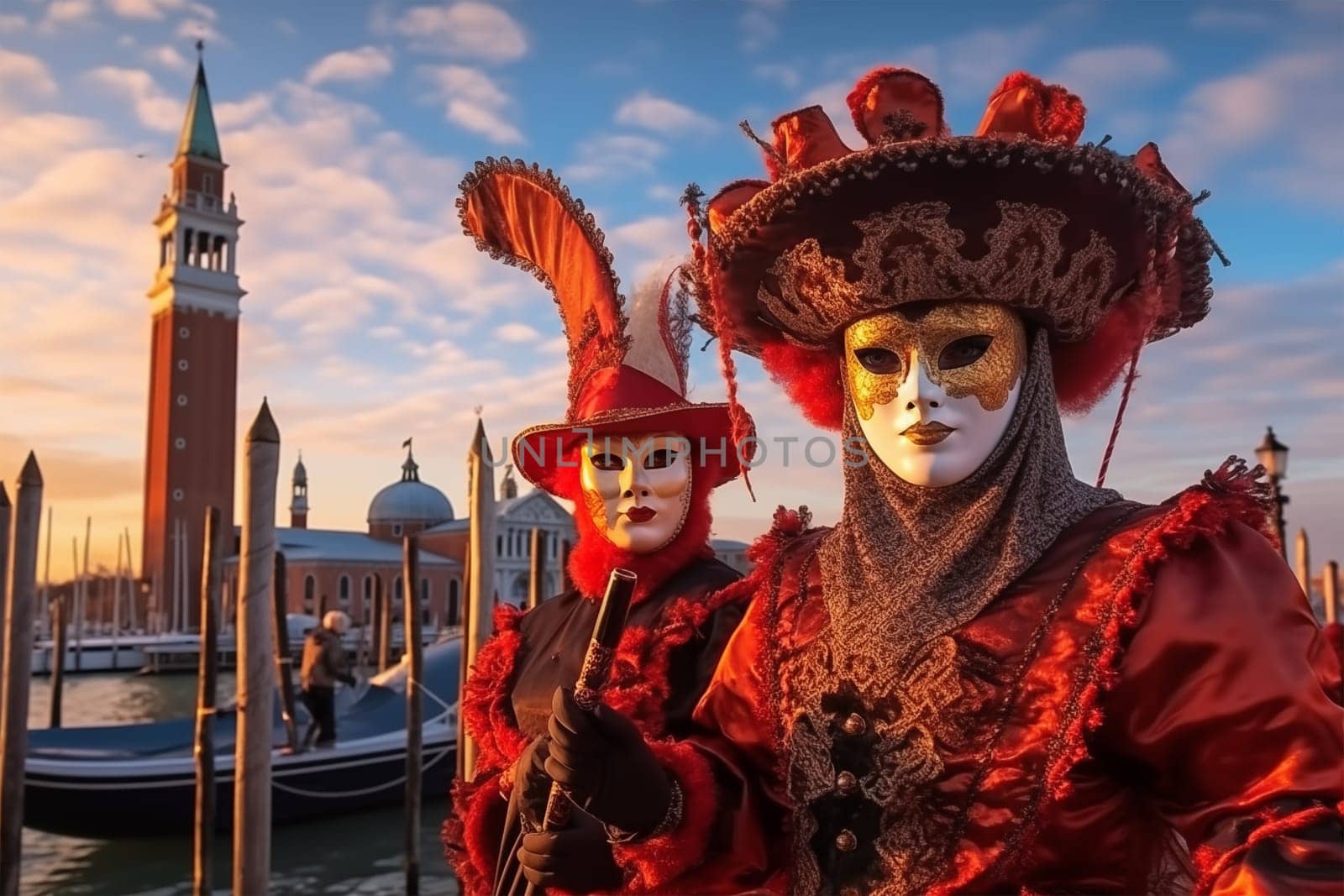Elegant Persons in Vibrant Carnival Costume and Mask at Venice Festival by dimol