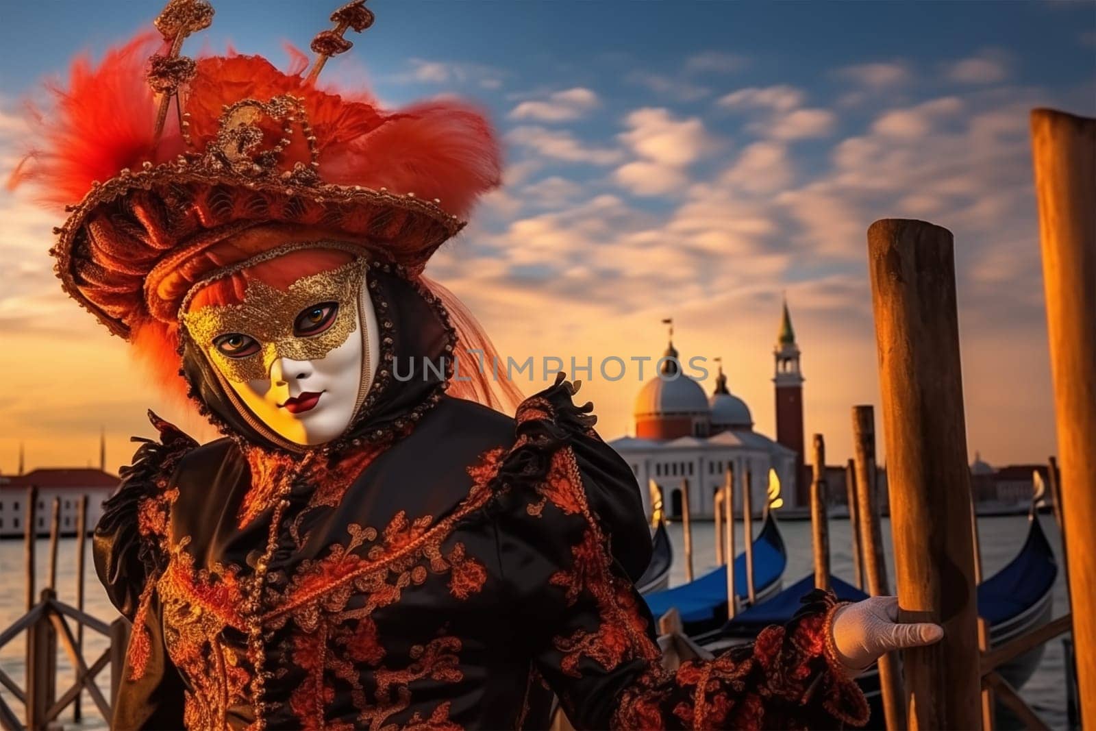 Person in Venetian Carnival Mask at Sunset by dimol