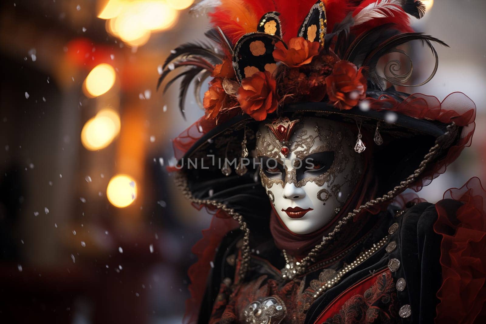 A person adorned in a richly detailed and colorful carnival costume, complete with an elaborate mask, participates in the iconic Venice Carnival with snowfall