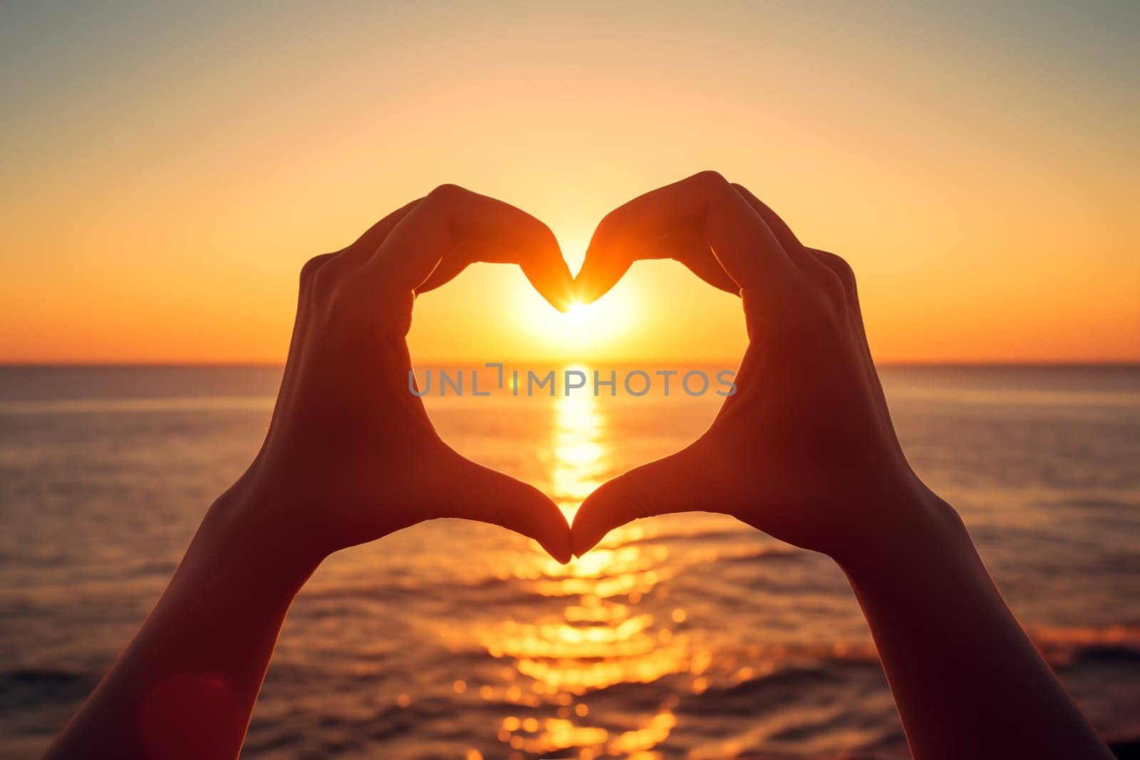 Two hands forming a heart shape, silhouetted against a breathtaking ocean sunset. Love and warmth on Valentine’s Day or any romantic occasion