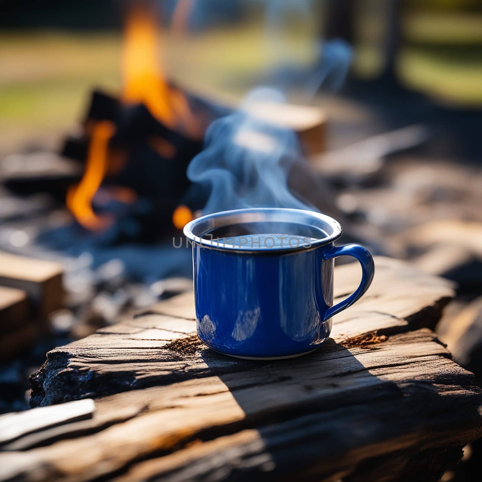 teaming Coffee in a Blue Enamel Cup by an Outdoor Fire