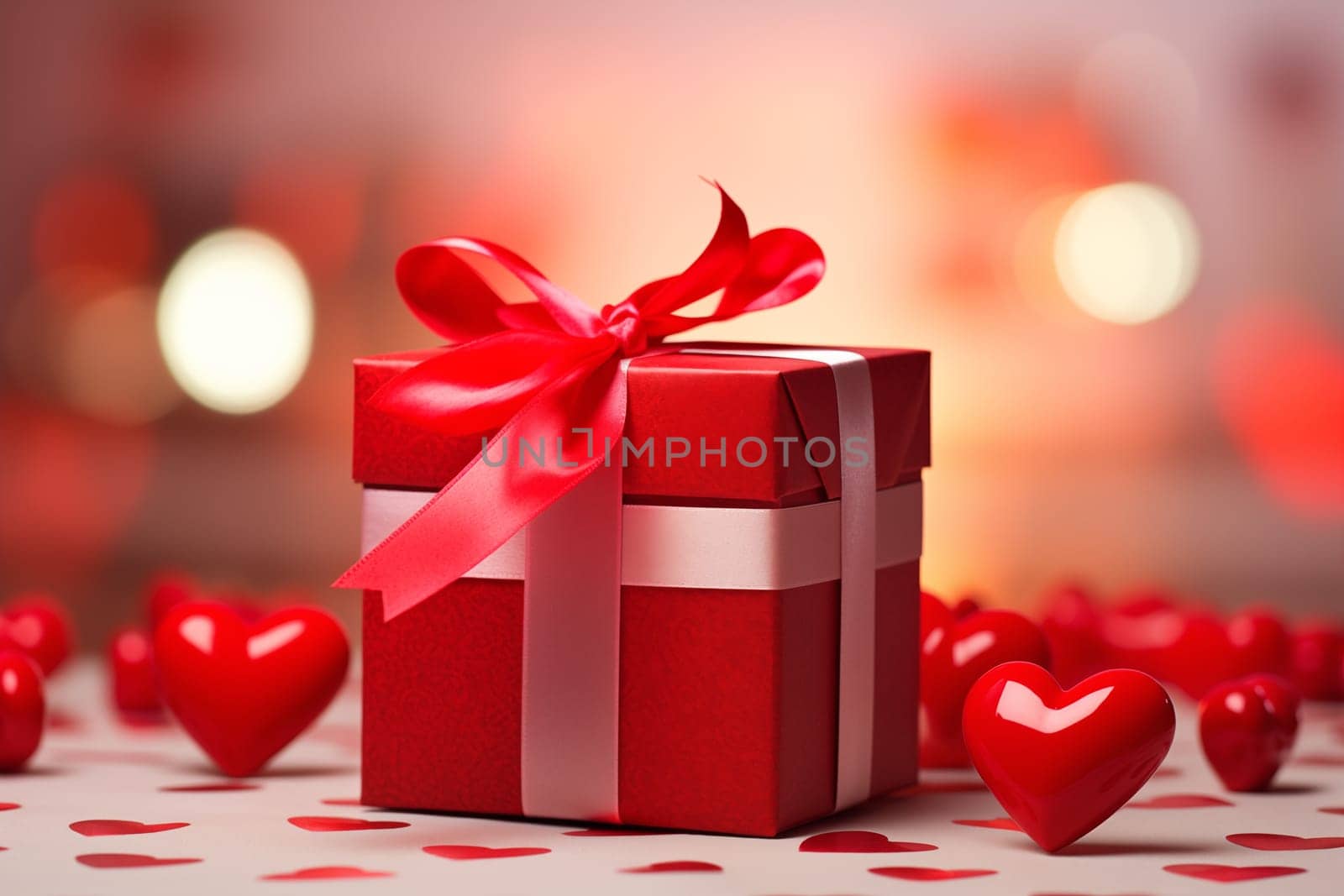 Red gift box adorned with a silky bow, surrounded by radiant hearts illuminating a romantic atmosphere, perfect for Valentine’s Day promotions or love-themed events