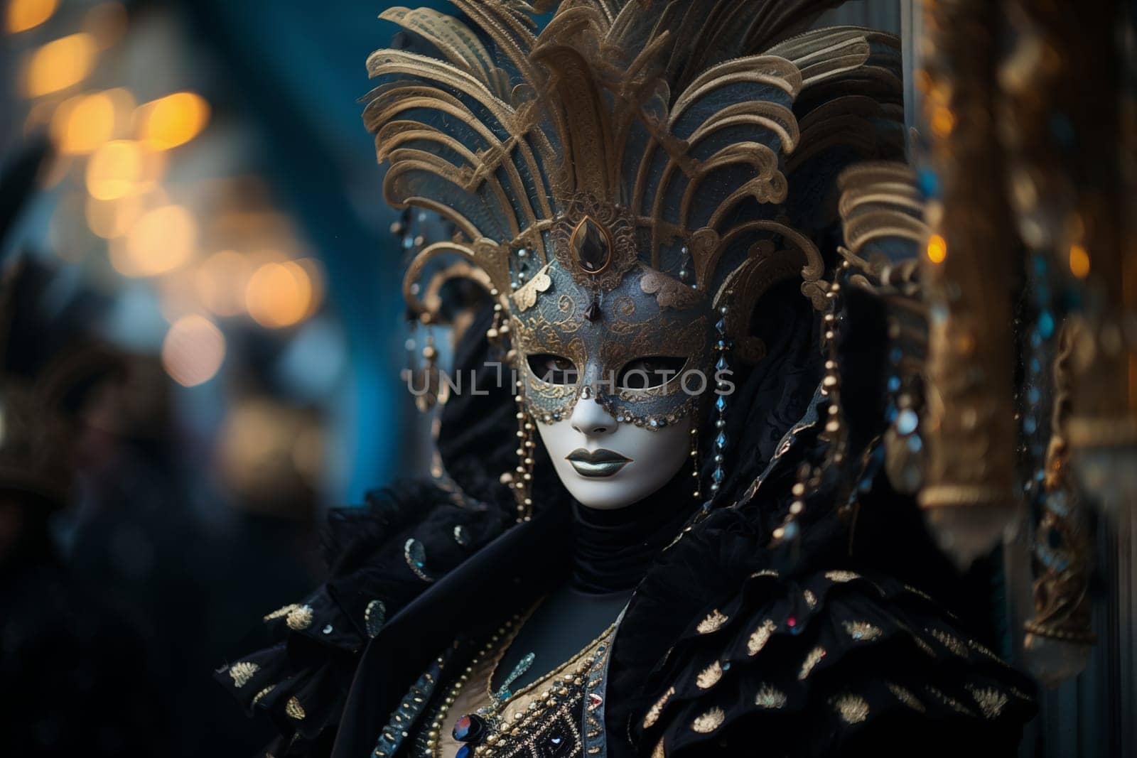 A person adorned in a richly detailed mask and costume, capturing the essence of the Venice Carnival’s grandeur and mystery