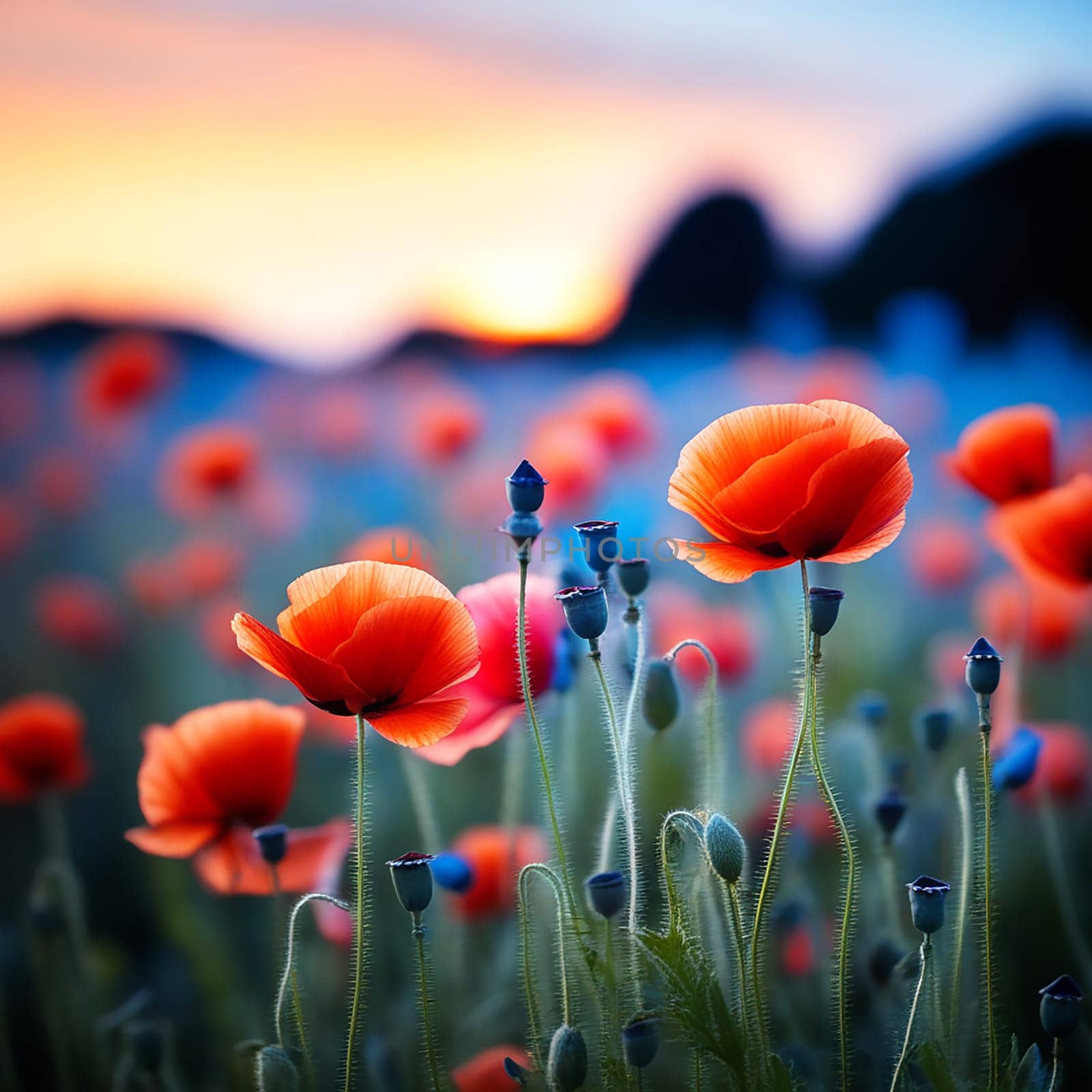 Dreamy Blue Poppy Flower Field in Wild Summer Nature