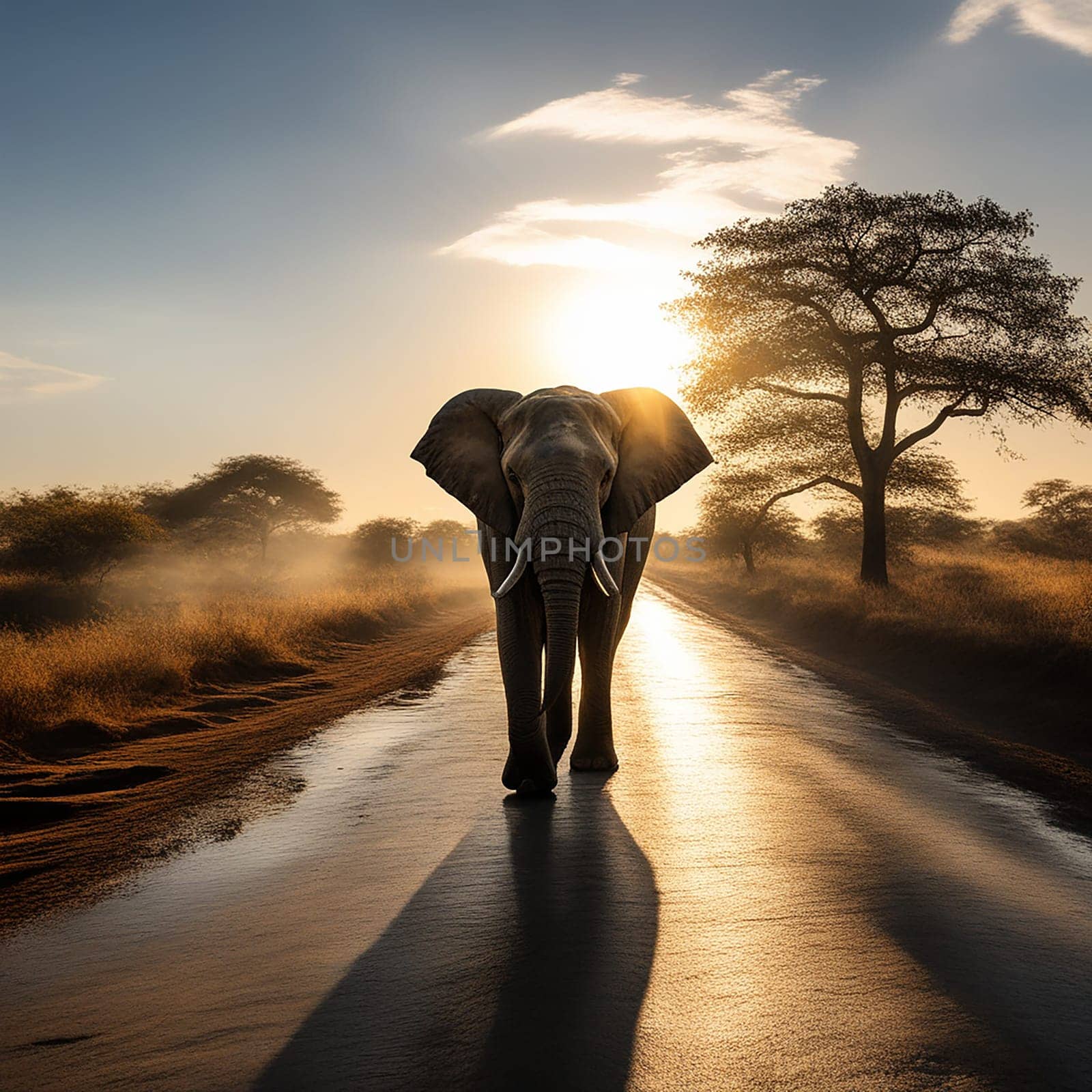 Elephant Walking on a Sunlit Road