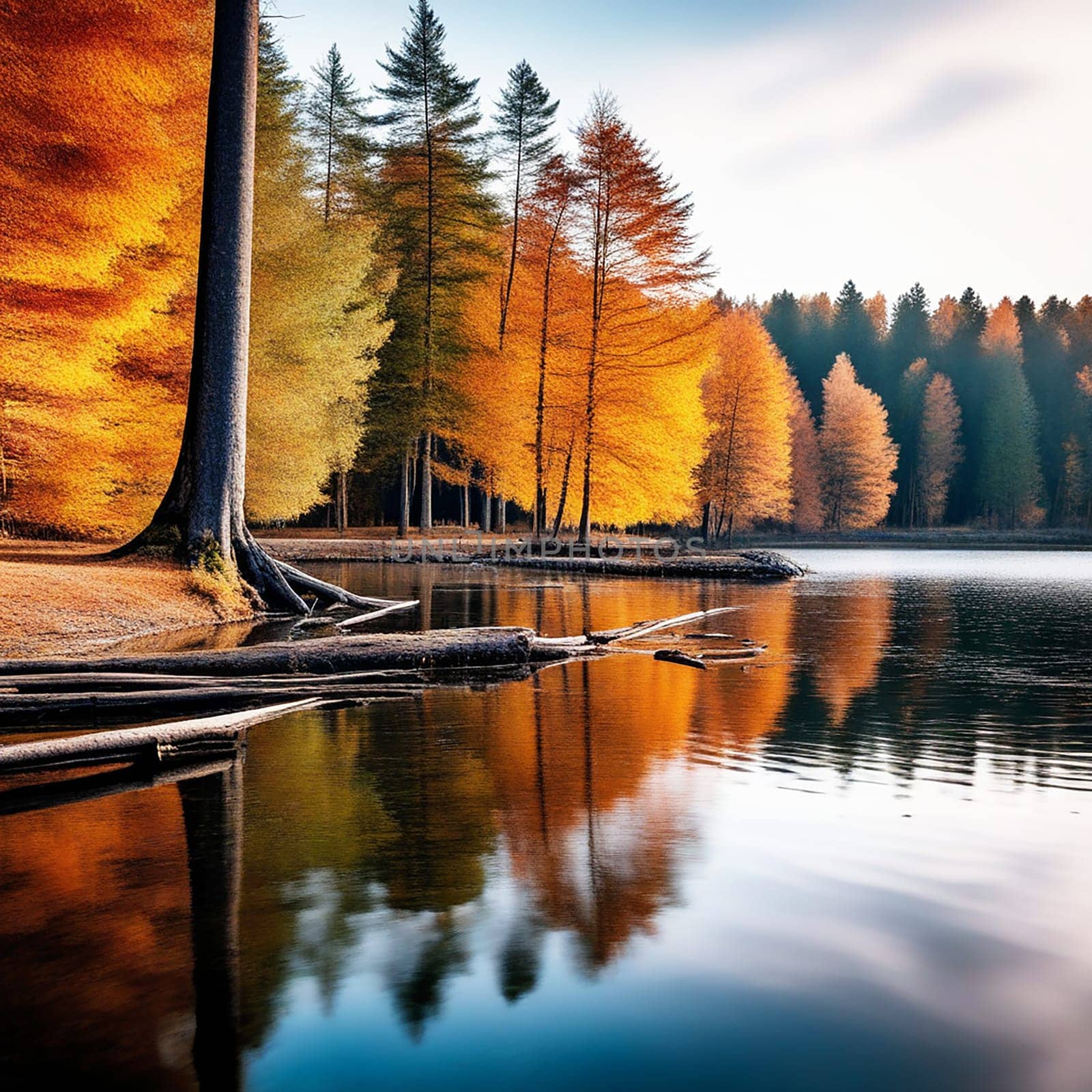 Reflective Lake Landscape with Fallen Trees