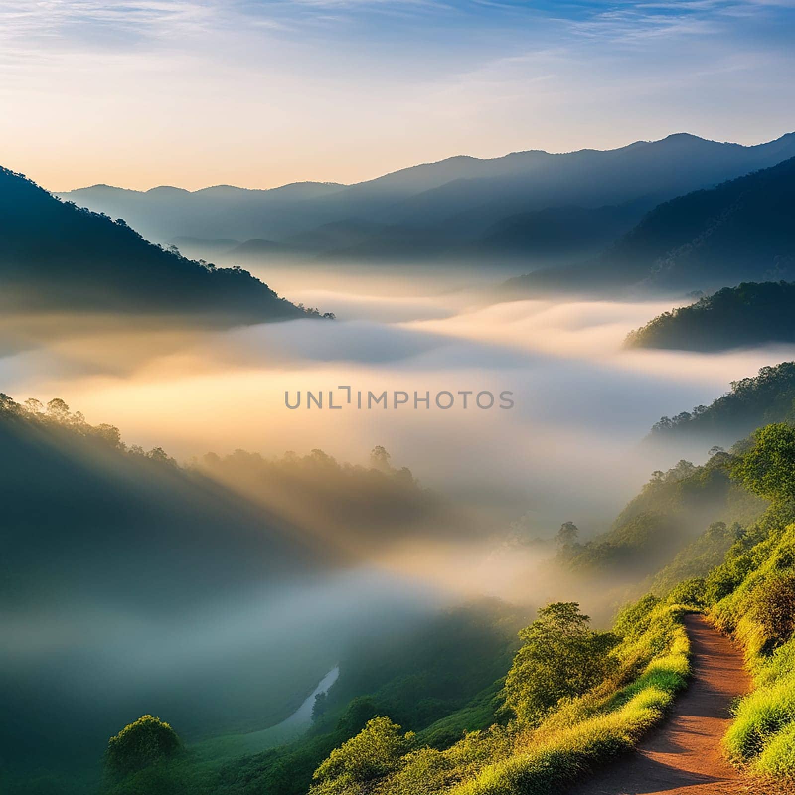 Sunlit Mountain Layers and Foggy Valleys