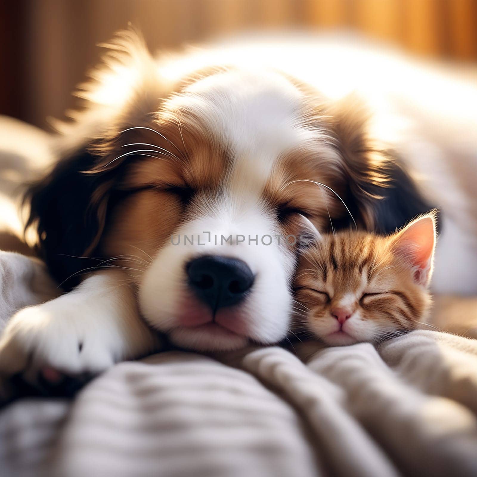 A Bond of Love: Cat and Dog Sleeping Together, Kitten and Puppy Taking a Nap