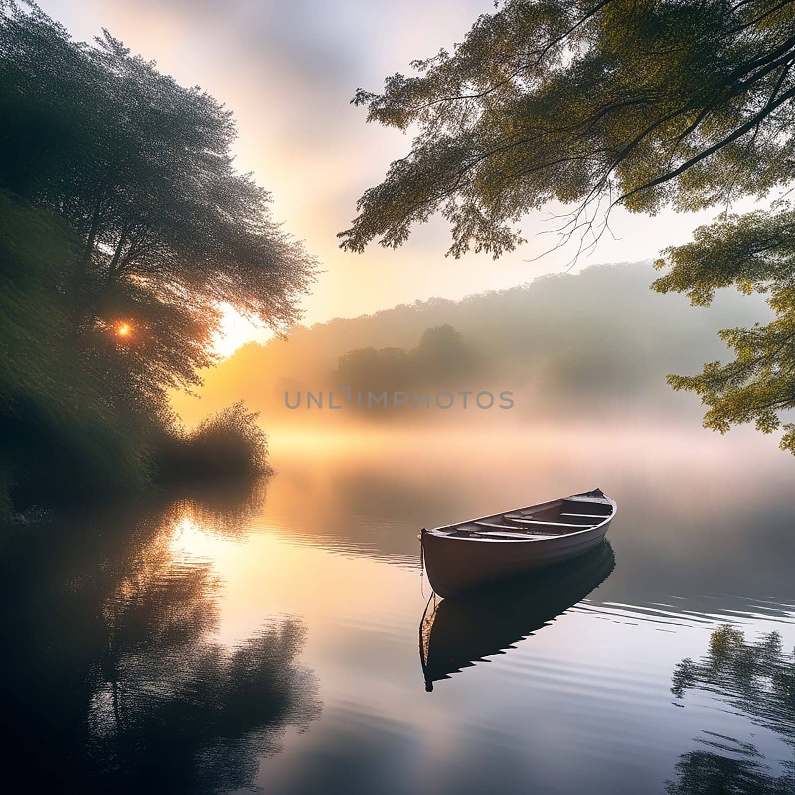 Misty Lake View with Wooden Boat under the Tree, Soft Sunrise Light by Petrichor