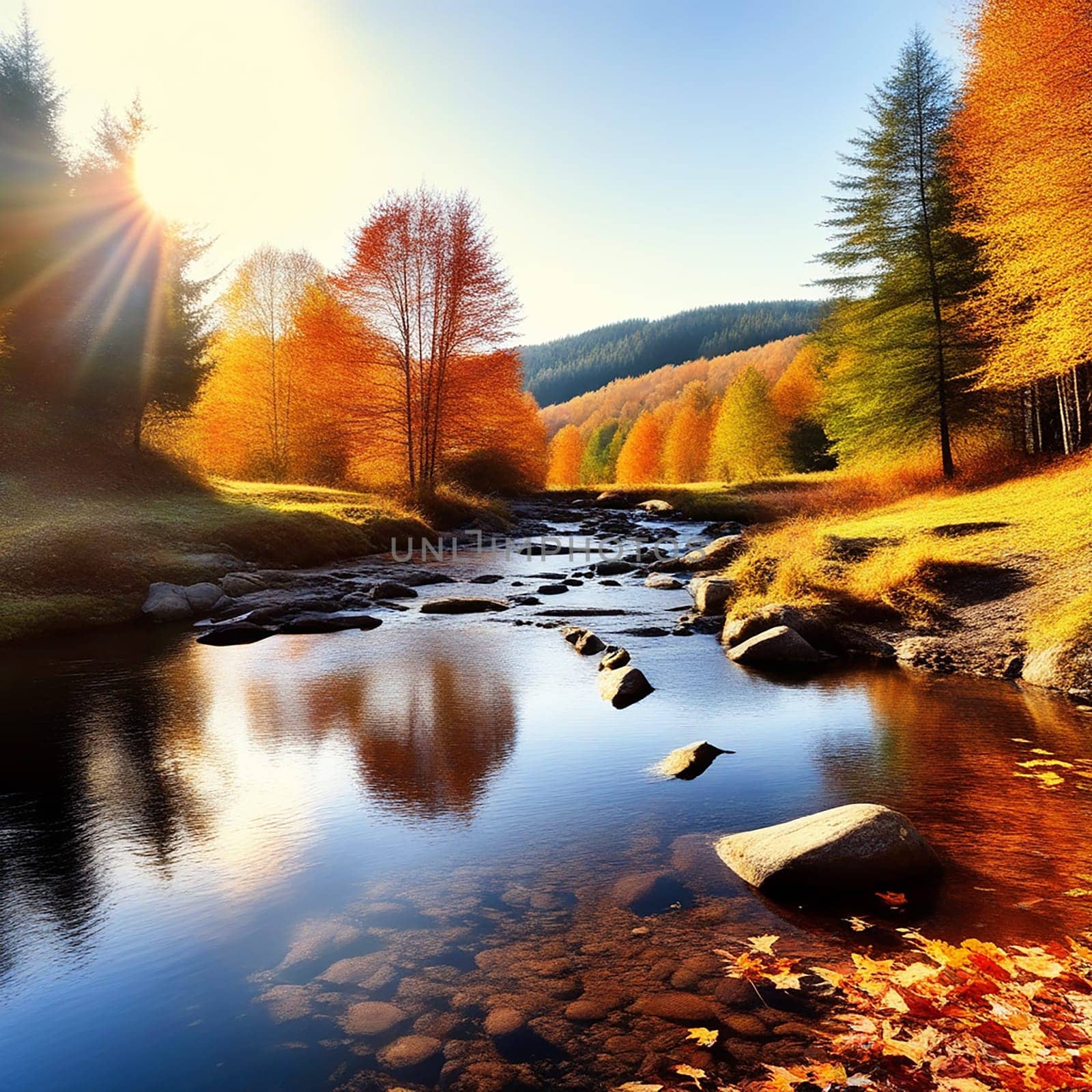 Panoramic Landscape with Forest Stream on a Sunny Fall Day