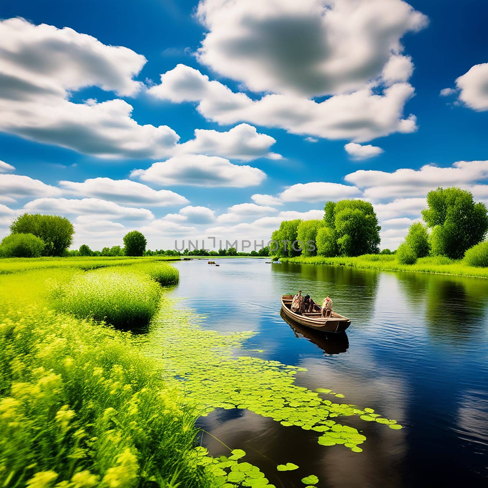 Scenic Spring-Summer Landscape with Blue Sky, Narew River, Boat, and Green Trees