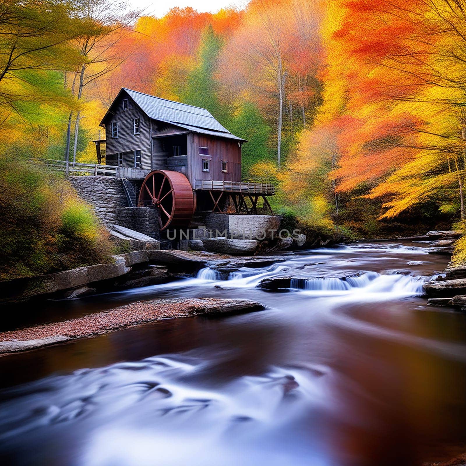 Autumn Splendor: Glade Creek Grist Mill Amidst Colorful October Foliage in West Virginia's Popular Fall Destination by Petrichor