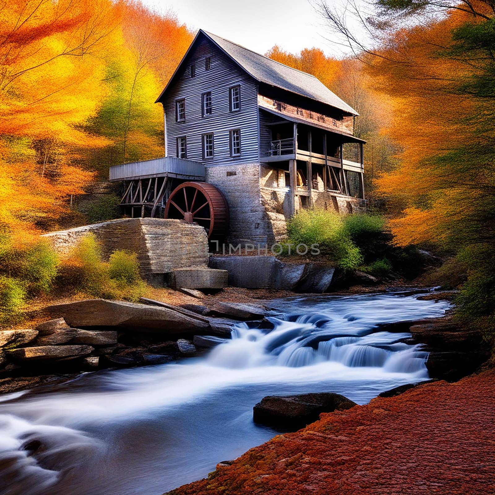 Autumn Splendor: Glade Creek Grist Mill Amidst Colorful October Foliage in West Virginia's Popular Fall Destination