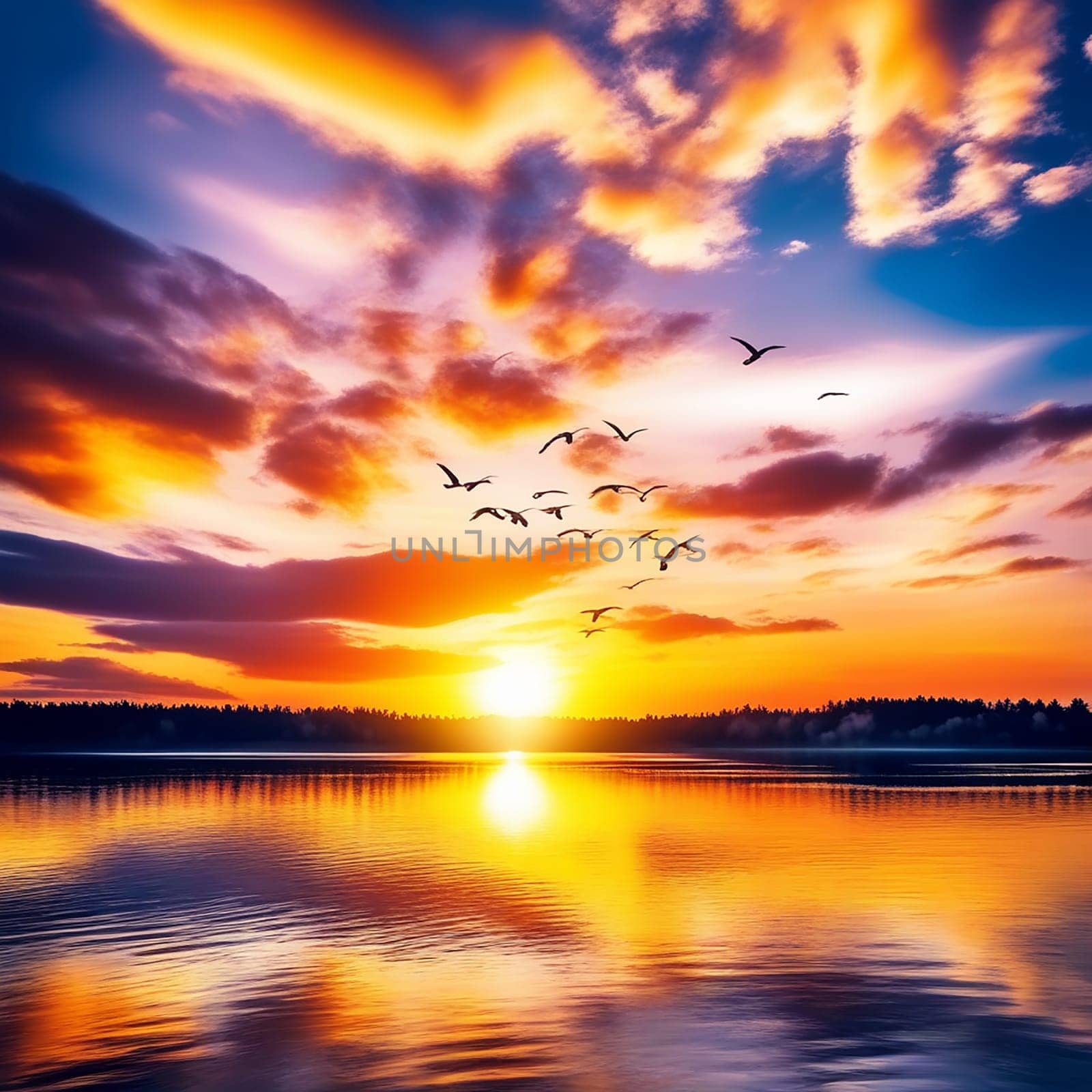 Golden Splendor: Captivating Nature Sunset Landscape with Bursting Sun Rays, Reflective Waters, and Soaring Birds