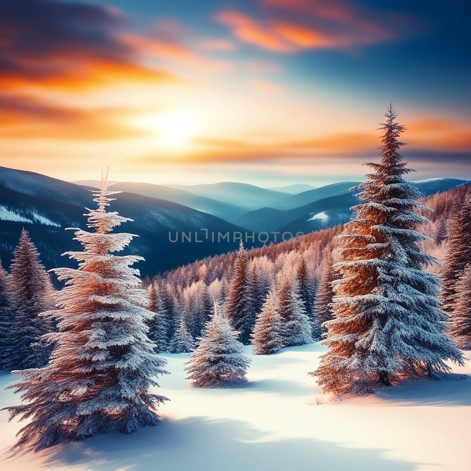 Winter Wonderland: Snow-Covered Mountains, Conifer Trees, and Sunlit Snowflakes