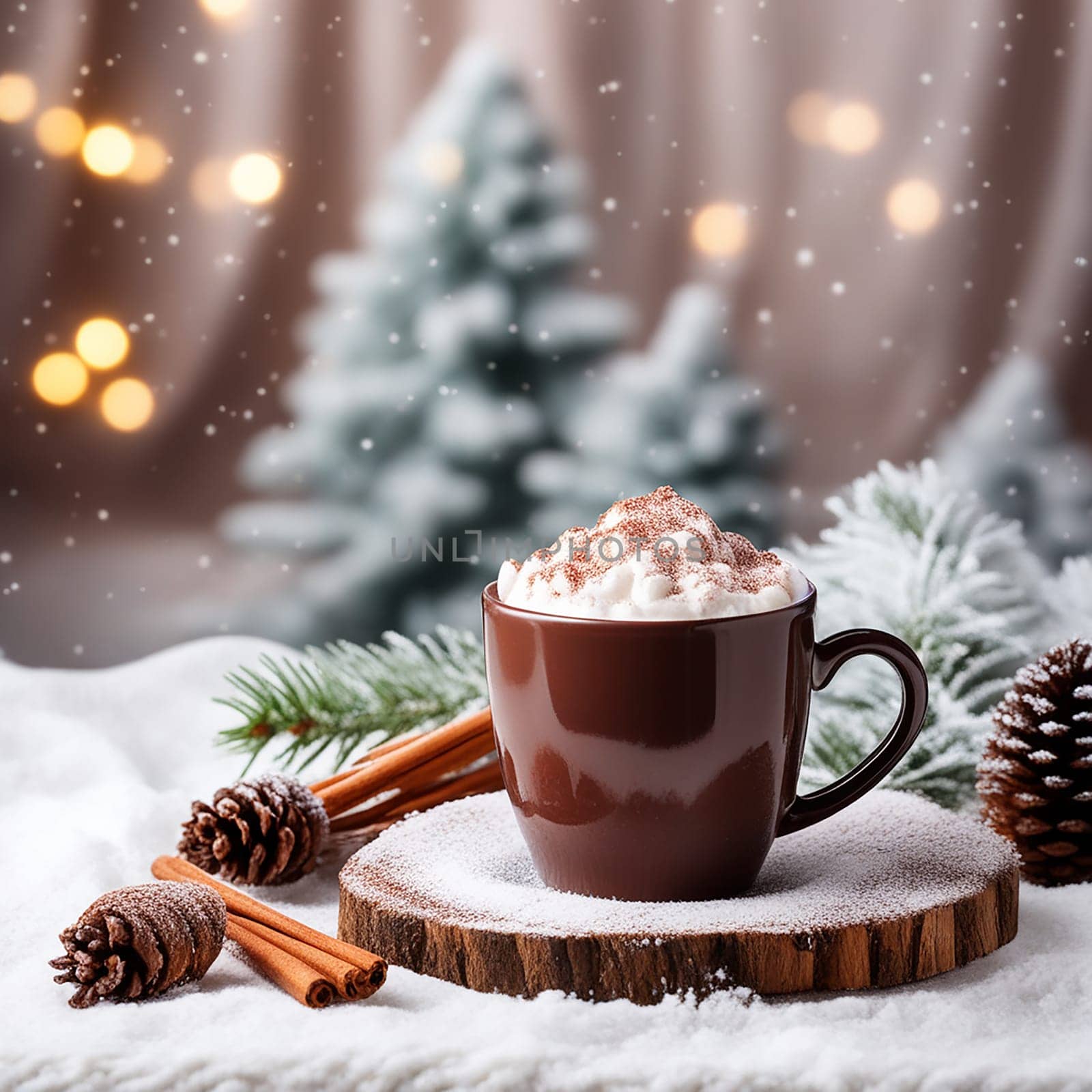 Cup of Hot Cocoa on Knitted Background with Fir Tree and Snow Effect