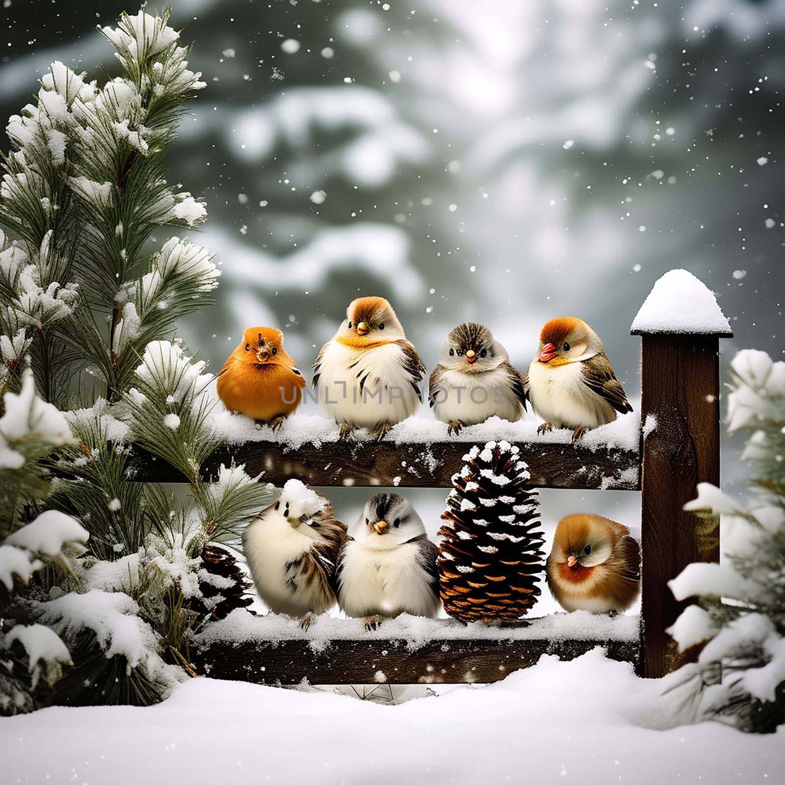 Animals Behind a Wooden Fence with Falling Snow and Pine Needle Branches by Petrichor