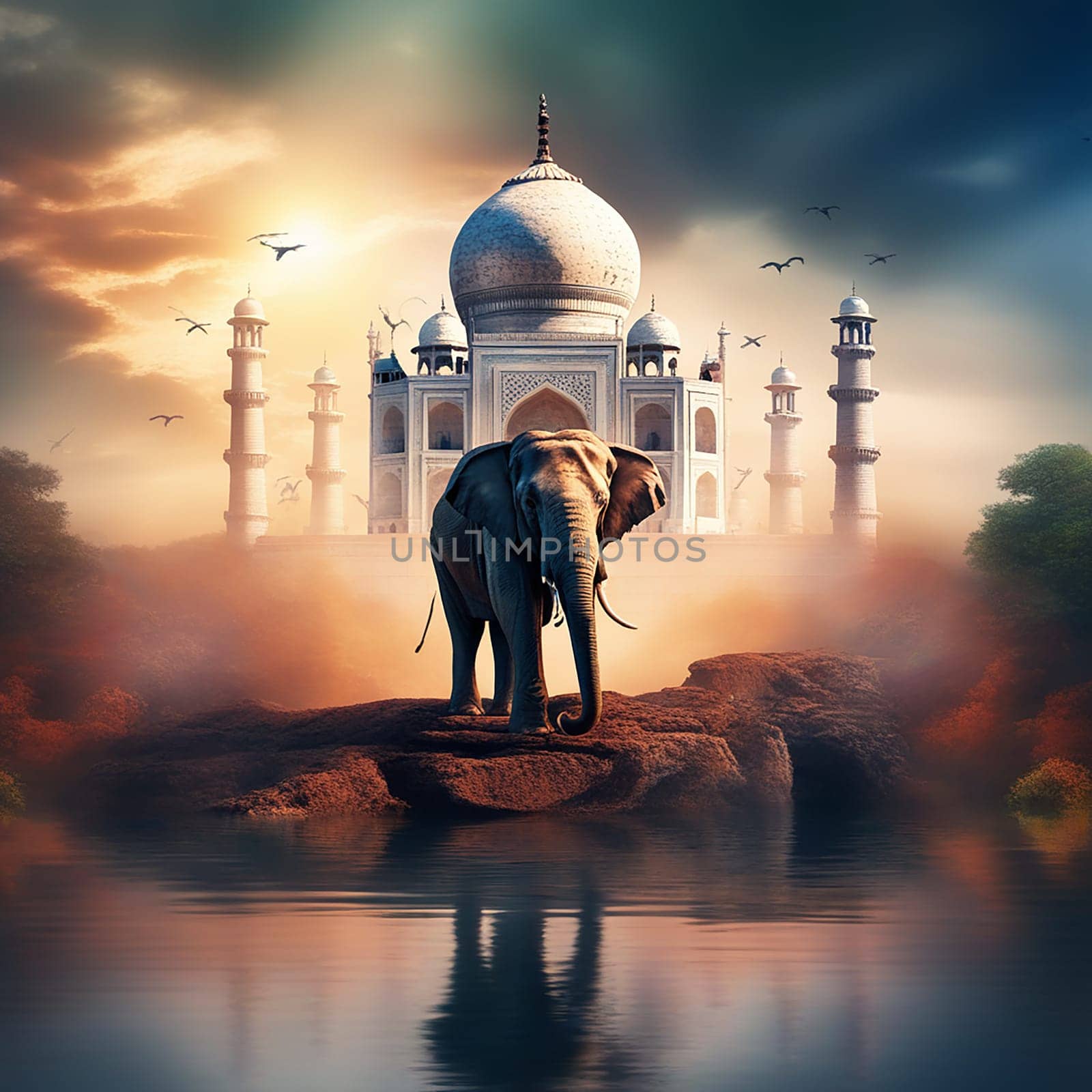 Indian Elephant on a Cliff Ledge with the Taj Mahal in the Surreal Fantasy Landscape