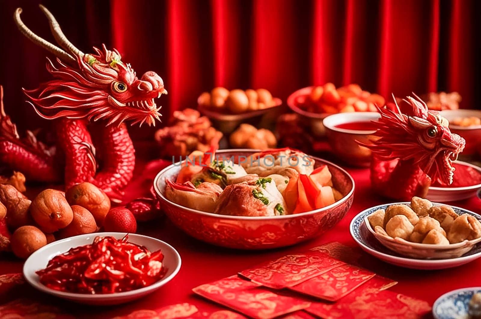 Traditional Chinese food, a variety of dishes for the lunar New year. Shallow depth of field, red solemn background by claire_lucia