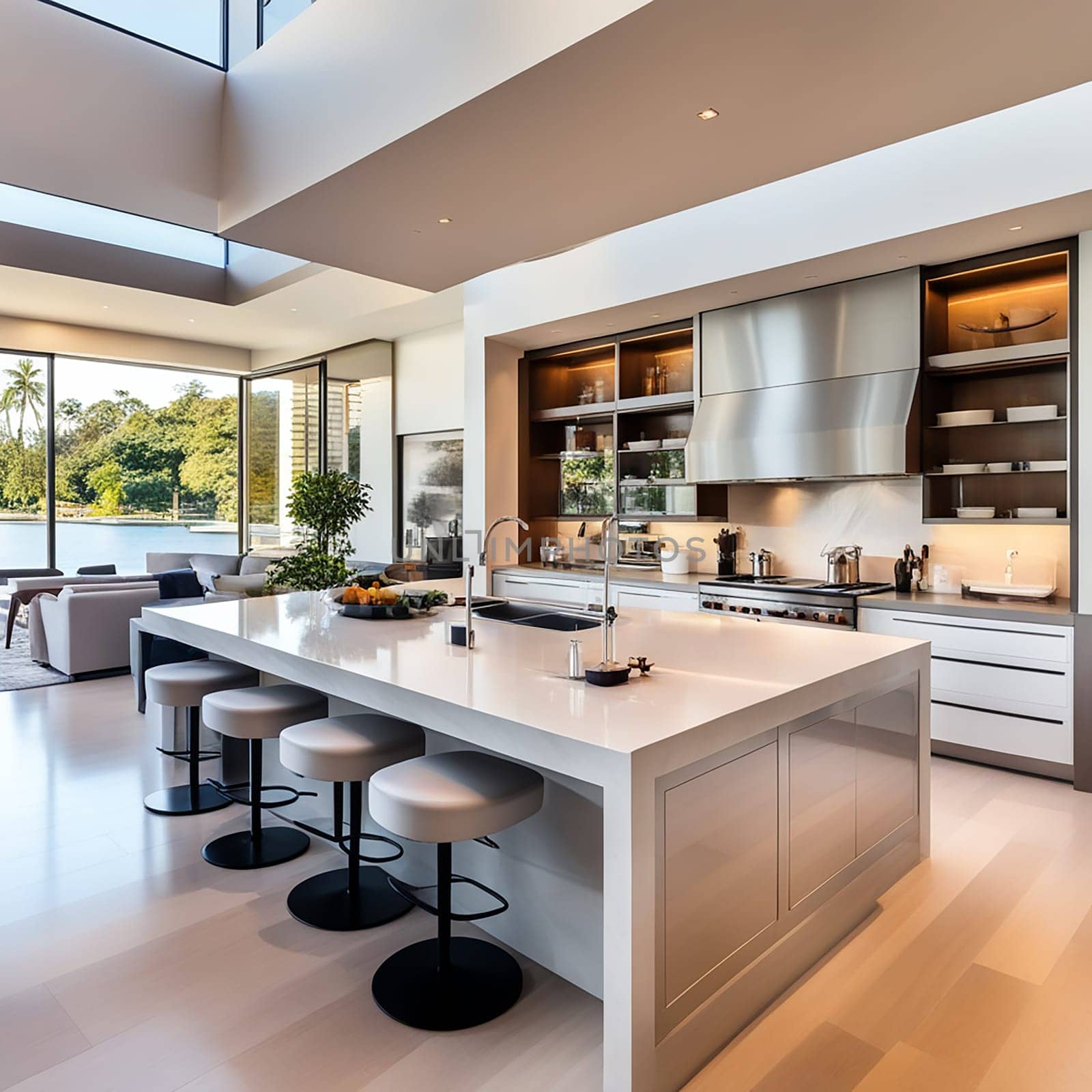 Beautiful Modern Kitchen in a Luxury Home Interior with Large Island and Stainless Steel Appliances