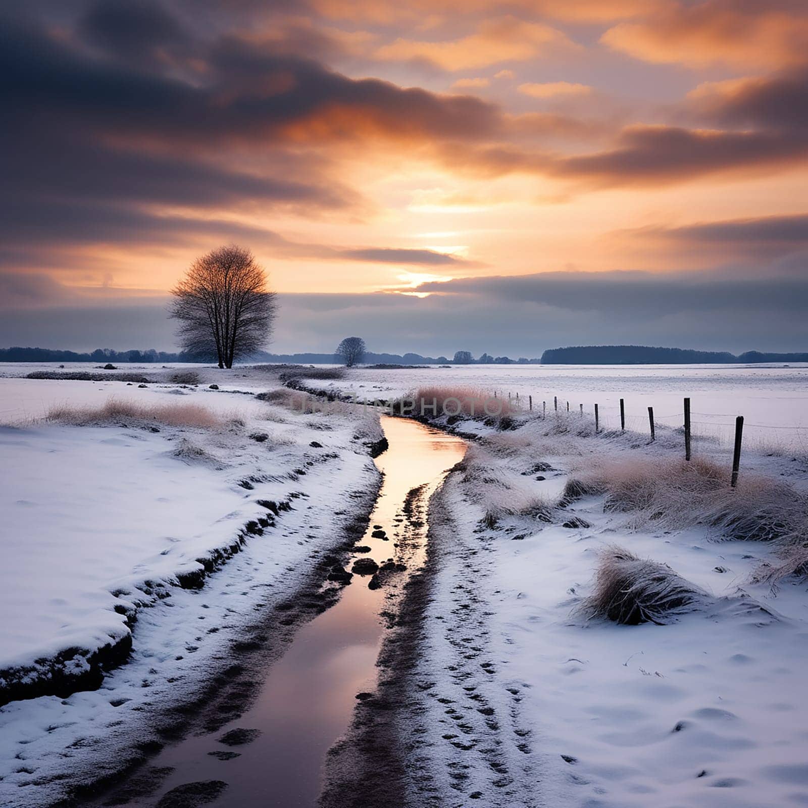 nowy Field and Moody Sky in Calm Winter Landscape