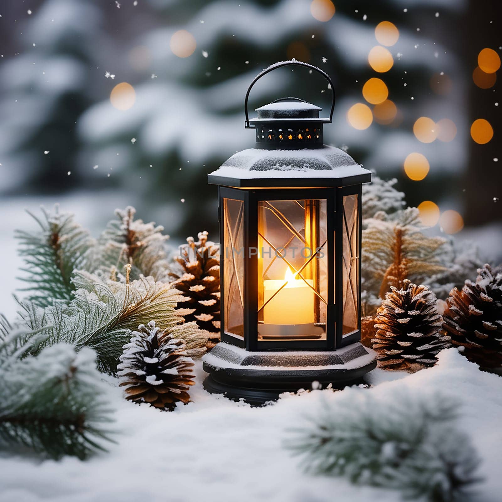Christmas Lantern in Snow with Fir Tree - Cozy Christmas Scene