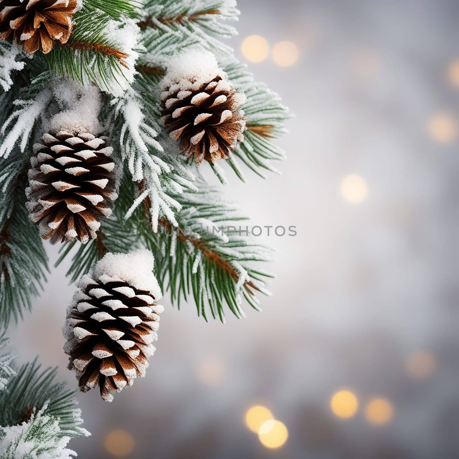 Snowy Pine Cones on Fir Branch with Lights - Decoration Banner