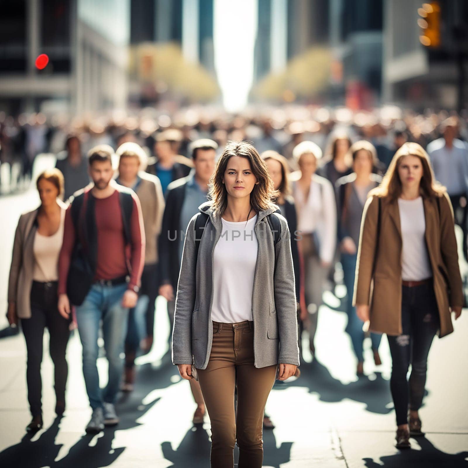 Anonymous Crowd Walking on City Street with Blurred Faces