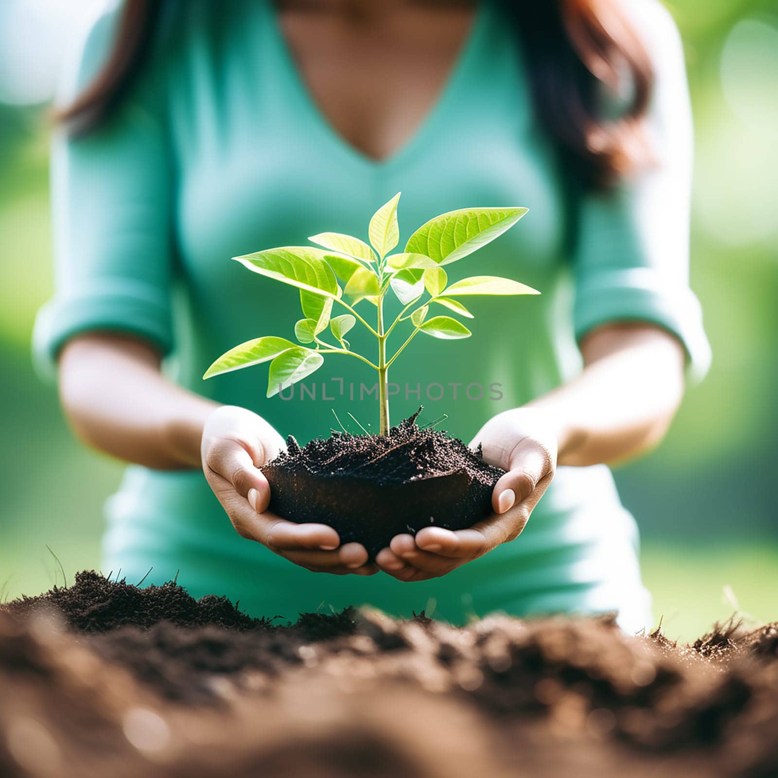 Hands Holding Growing Seedlings on Bokeh Green Background for Earth Day