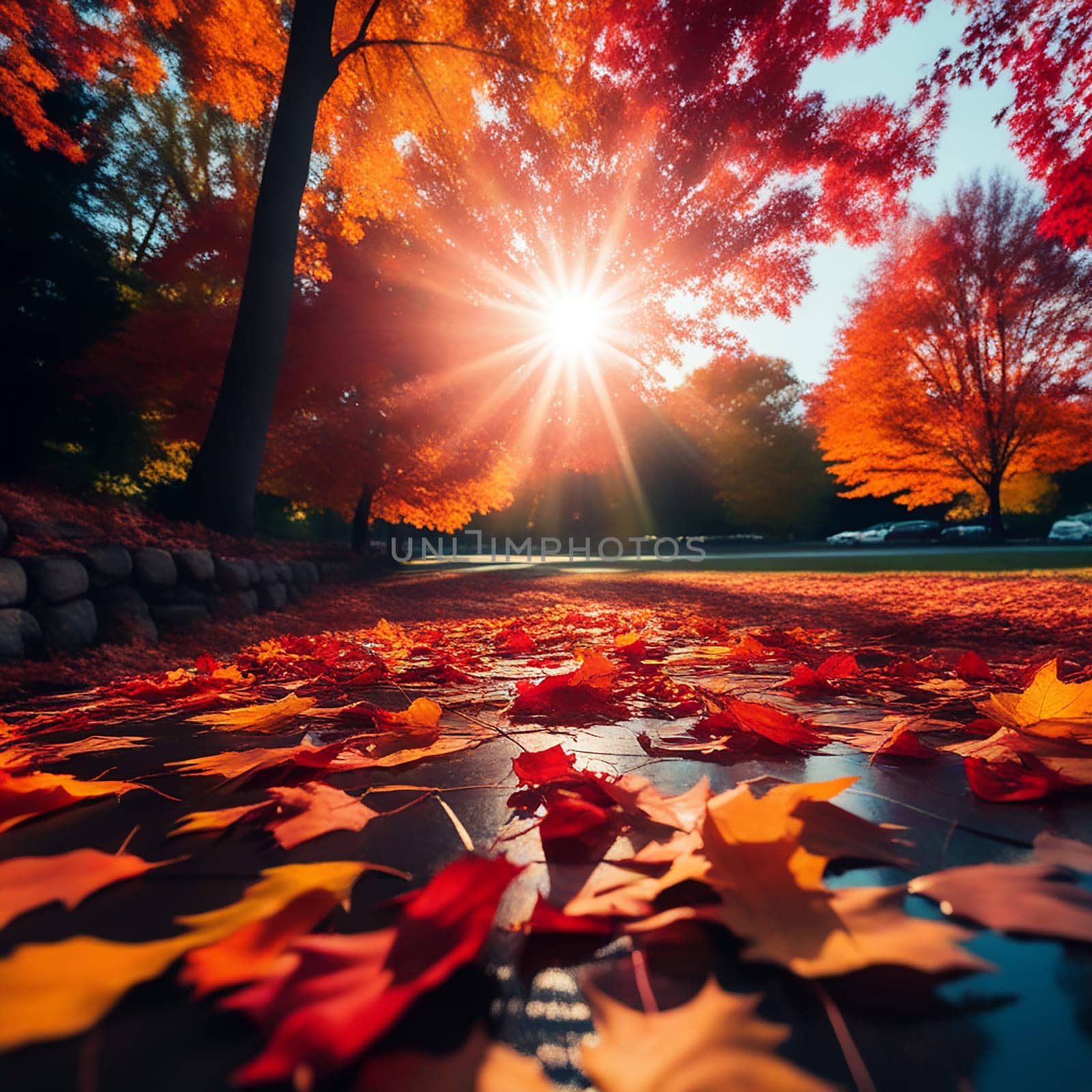 Fall Background with Colorful Leaves and Sun Flares