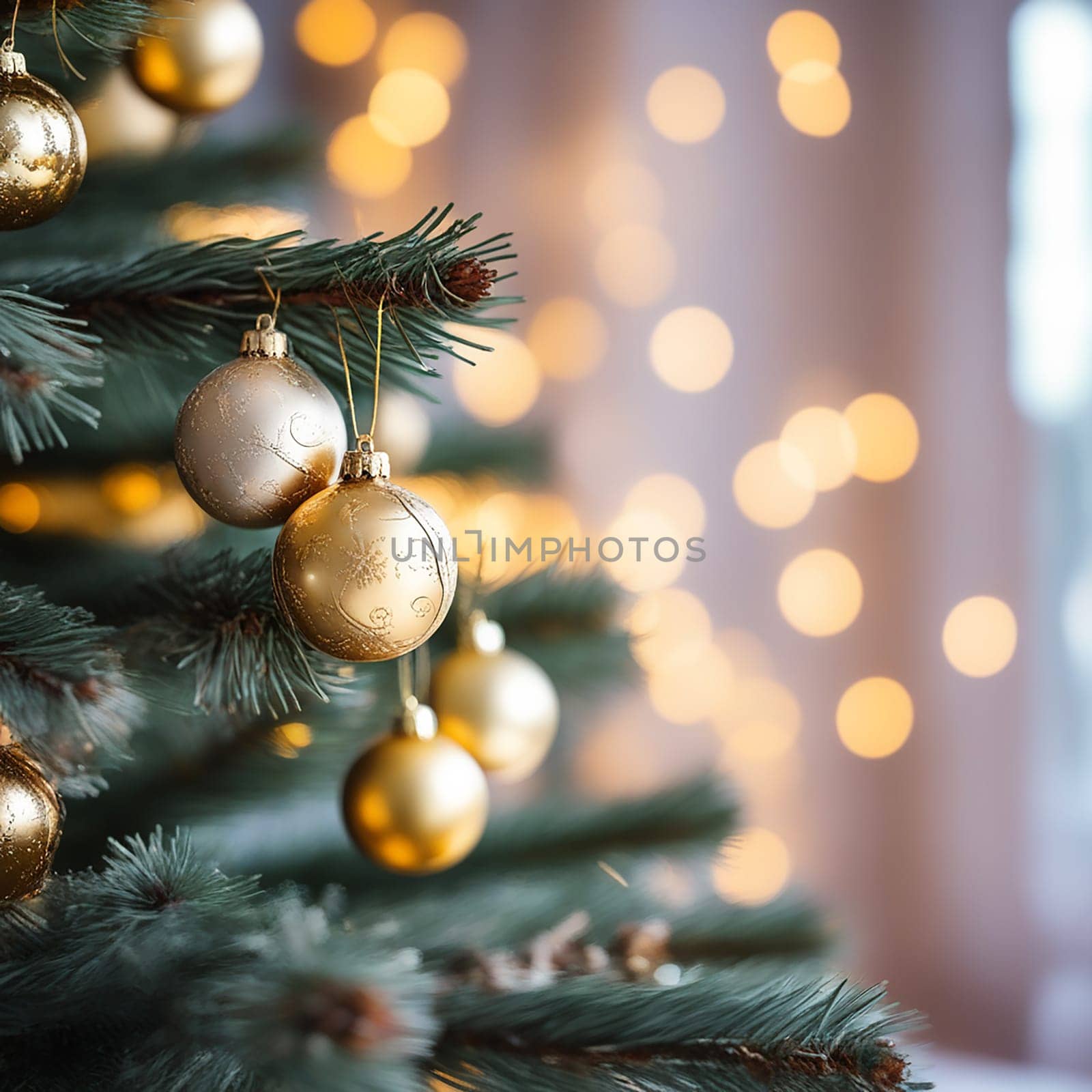 Defocused Lights Christmas Background with Decorated Tree