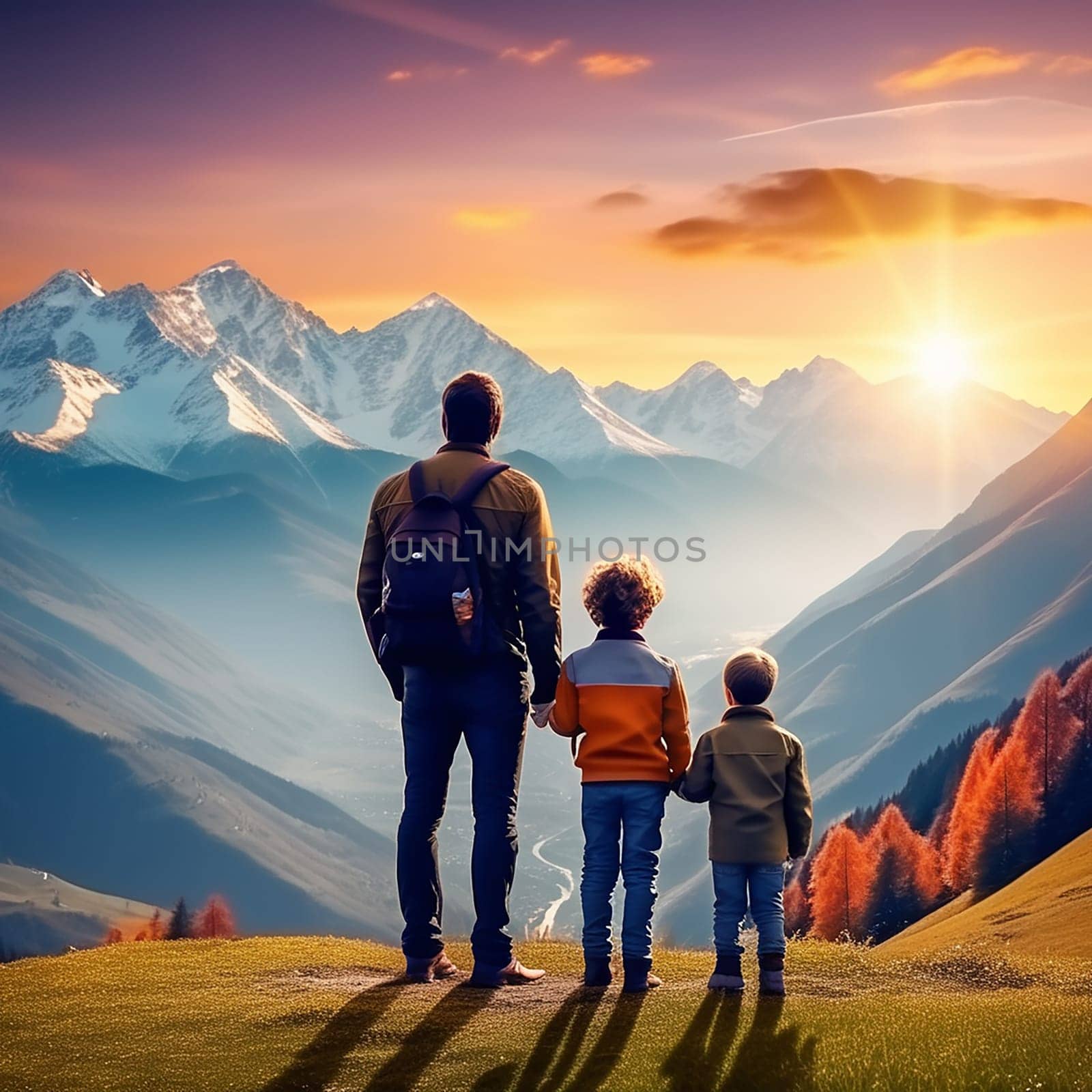 Happy Family with Little Son Stands Against Mountains - Travel, Tourism, and Adventures Concept by Petrichor
