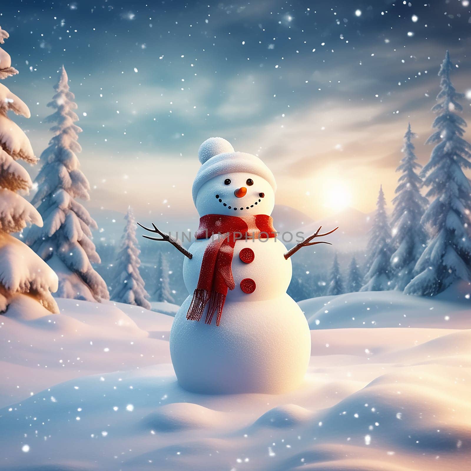 Merry Christmas and Happy New Year Greeting Card - Two Cheerful Snowmen Standing in Winter Christmas Landscape