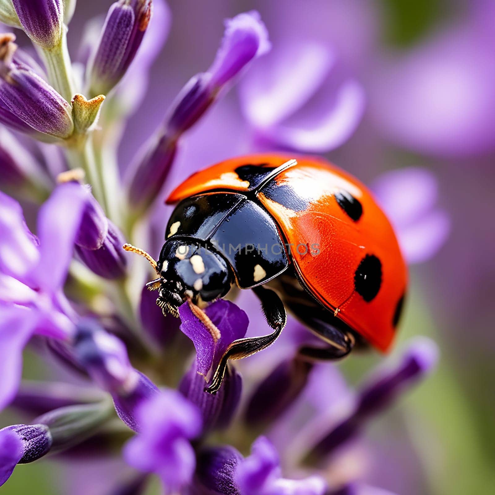 Macro Capture of a Seven-Spot Ladybug on Lavender Flower