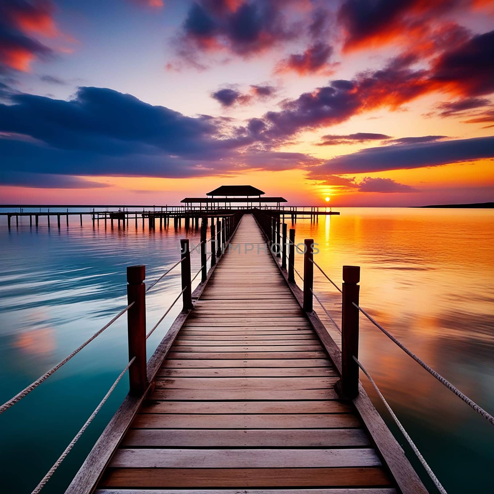 Horizons Unveiled: Pier Silhouette and Captivating Sunset Panorama Over the Sea