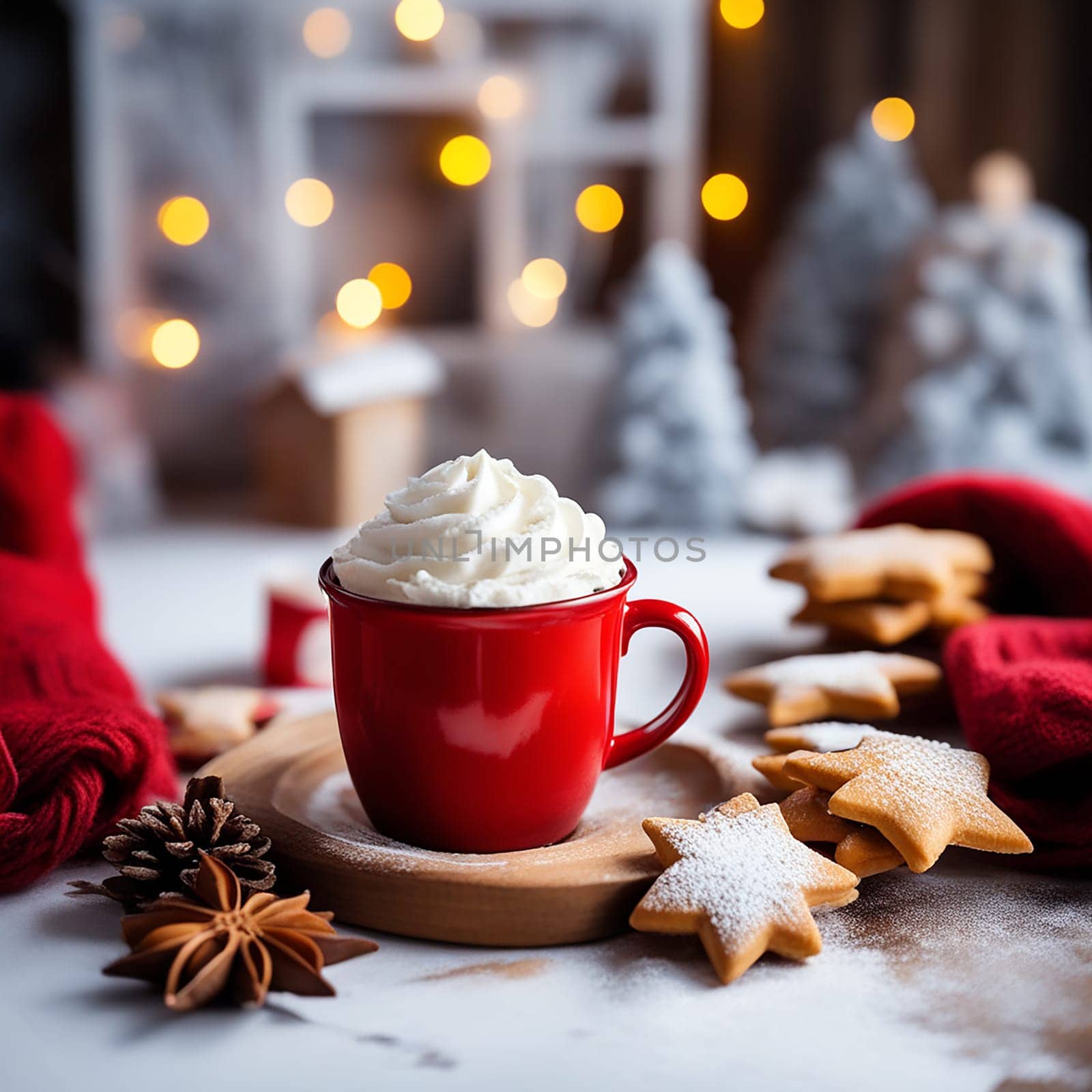Cozy Winter Delights: Whipped Cream Hot Coffee in a Red Mug with Star-Shaped Cookies and Warm Scarf - Rural Still Life