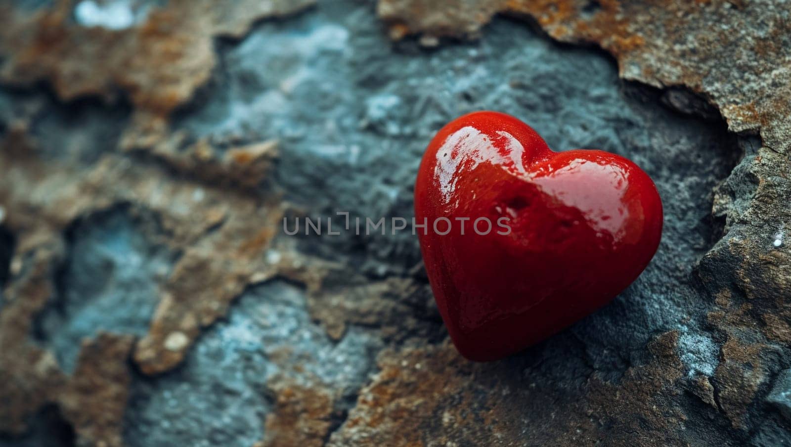 One red heart on a wooden-stone background. A realistic element that denotes love, health, care for yourself and loved ones. Valentine's Day. by Sneznyj