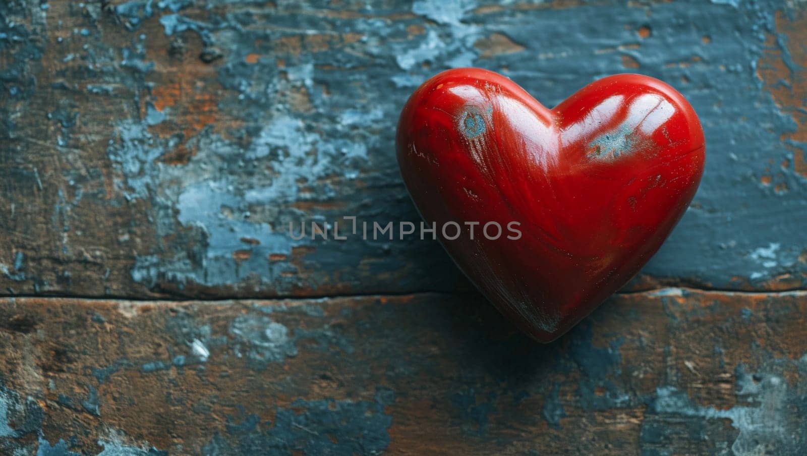 One red heart on a wooden-stone background. A realistic element that denotes love, health, care for yourself and loved ones. Valentine's Day. by Sneznyj