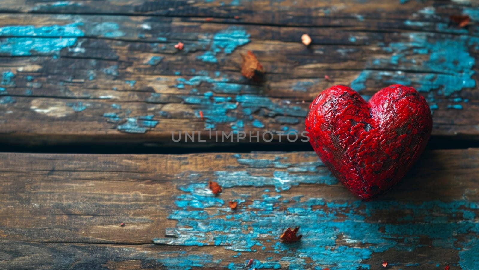 One red heart on a wooden-stone background. A realistic element that denotes love, health, care for yourself and loved ones. Valentine's Day. by Sneznyj
