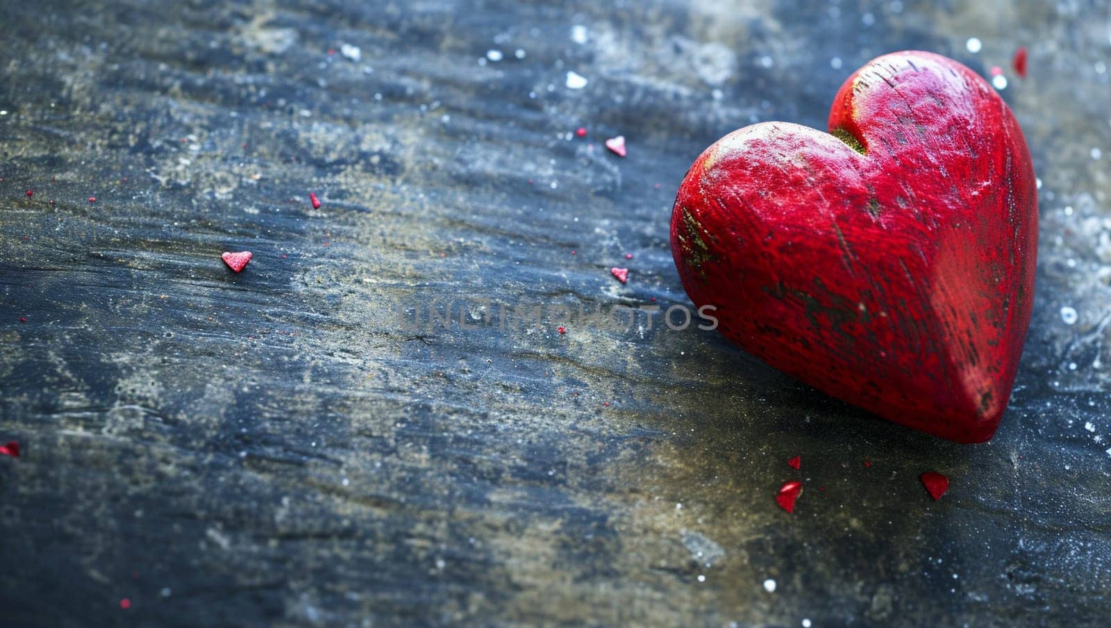 One red heart on a wooden-stone background. A realistic element that denotes love, health, care for yourself and loved ones. Valentine's Day. High quality photo