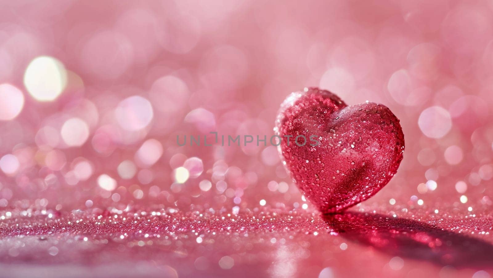 Red heart on pink background. One heart-shaped object is located to the side, there is space for text. by Sneznyj