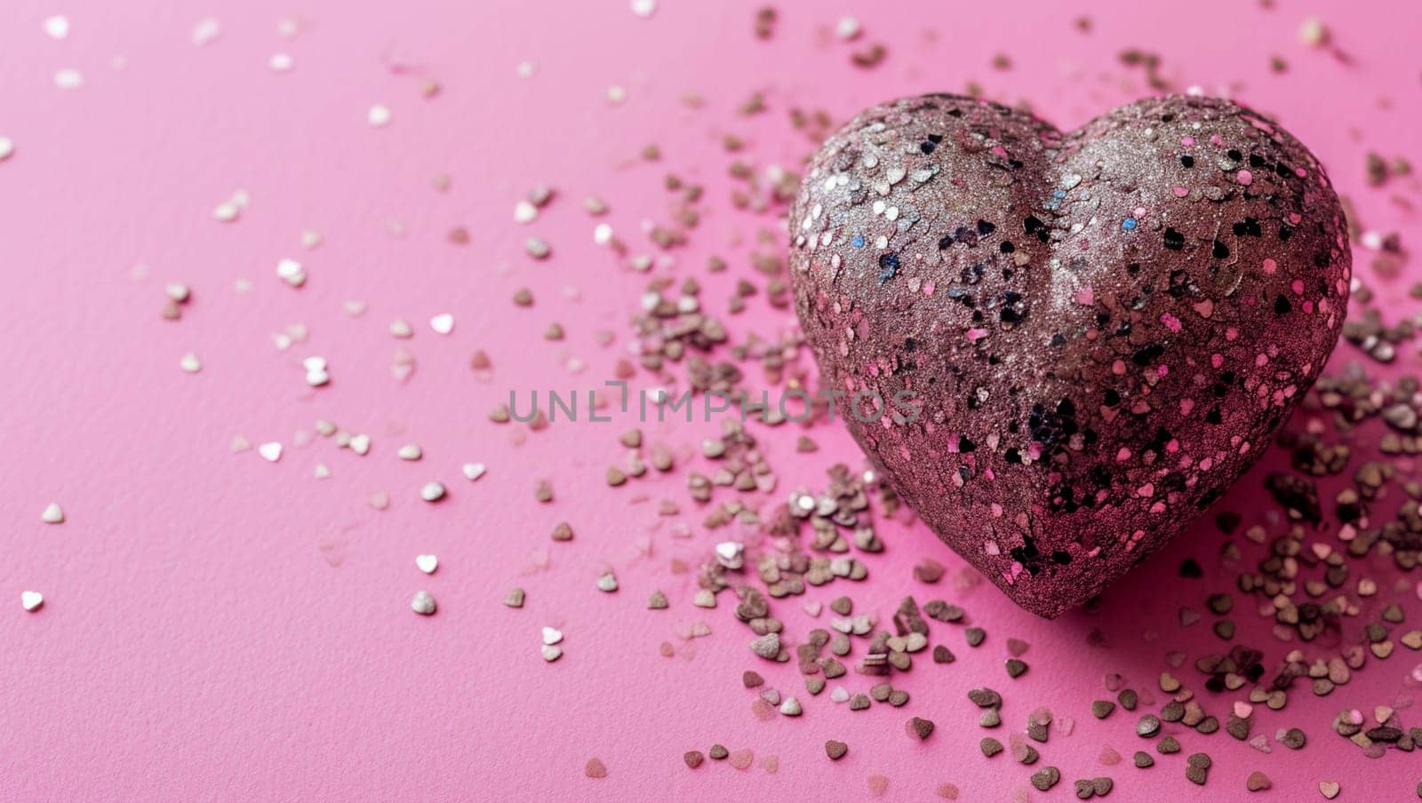 Gray heart on pink background. One heart-shaped object is located to the side, there is space for text. by Sneznyj
