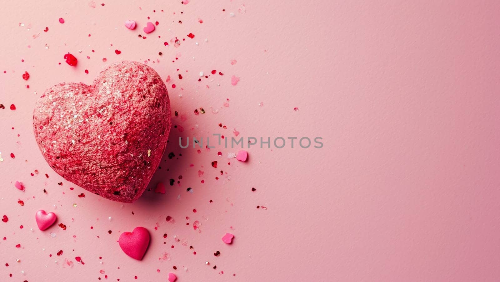 Red heart on pink background. One heart-shaped object is located to the side, there is space for text. High quality photo