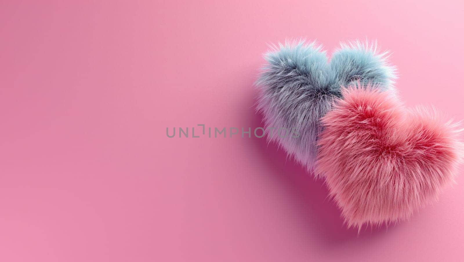 Several colorful fur hearts. Fur heart shapes on pink background, denoting love and care. Valentine's Day and happines. by Sneznyj