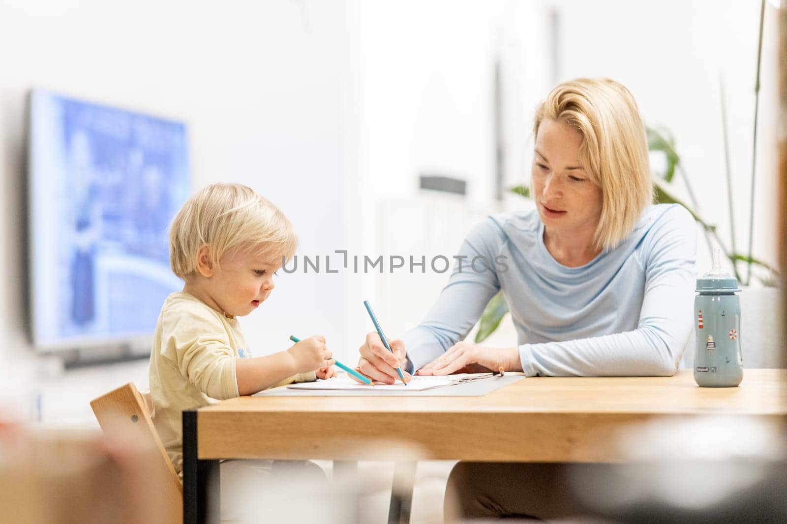 Caring young Caucasian mother and small son drawing painting in notebook at home together. Loving mom or nanny having fun learning and playing with her little 1,5 year old infant baby boy child