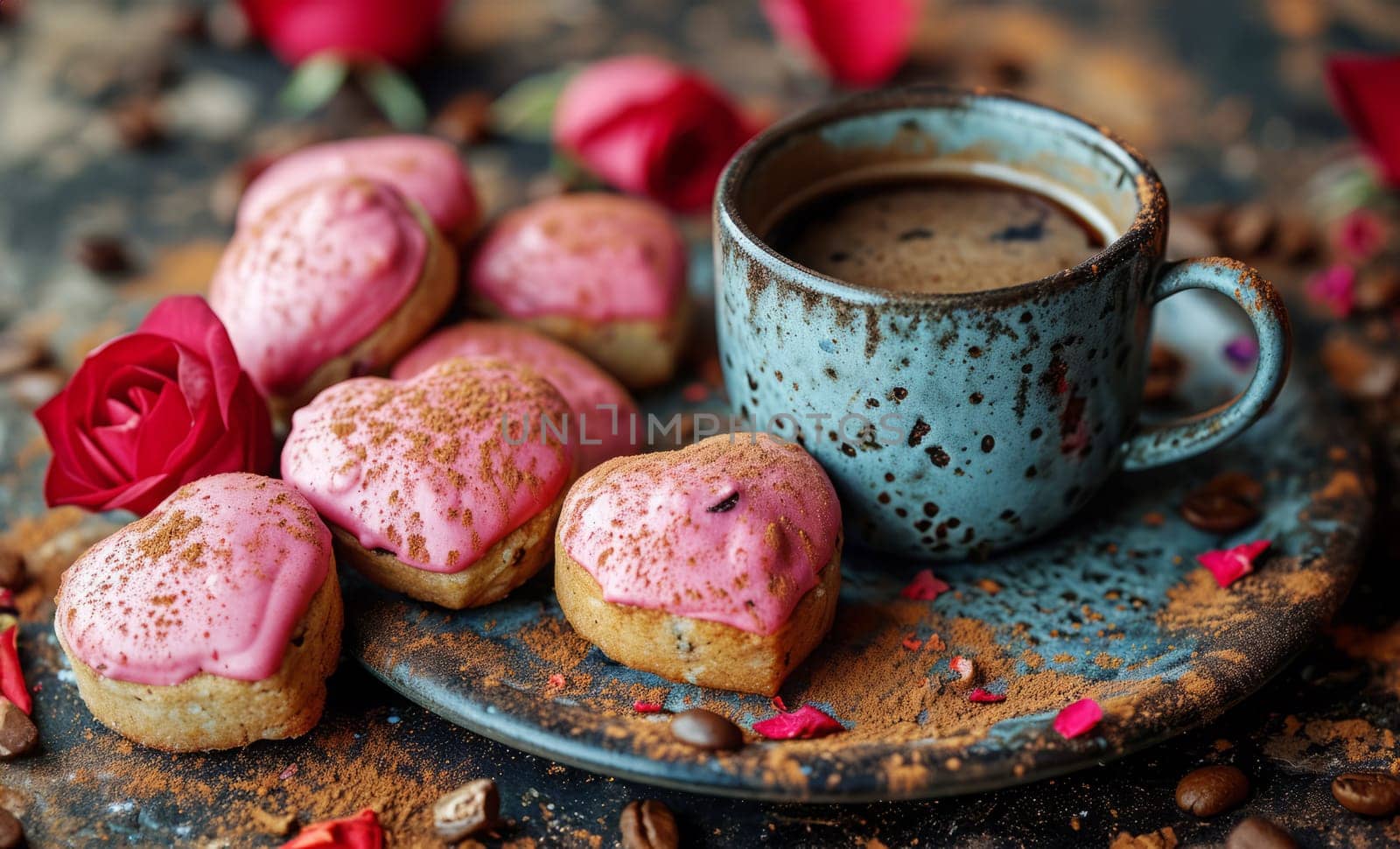 Homemade heart shaped cookies and a cup of tea or coffee on the table.