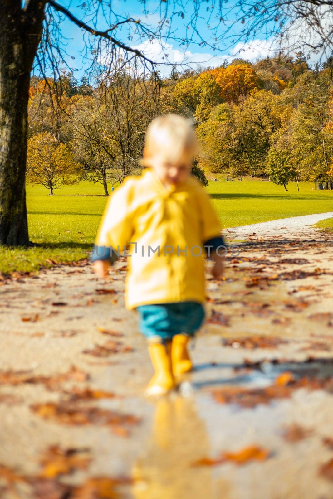 Sun always shines after the rain. Small bond infant boy wearing yellow rubber boots and yellow waterproof raincoat walking in puddles in city park on sunny rainy day. by kasto